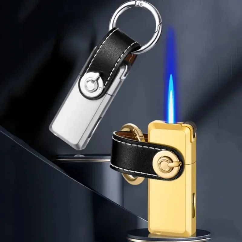 Keychain Lighter Metal Leather Mini Cigarette Lighter Recyclable Refillable Butane Torch Cigar Smoking Accessories Gift