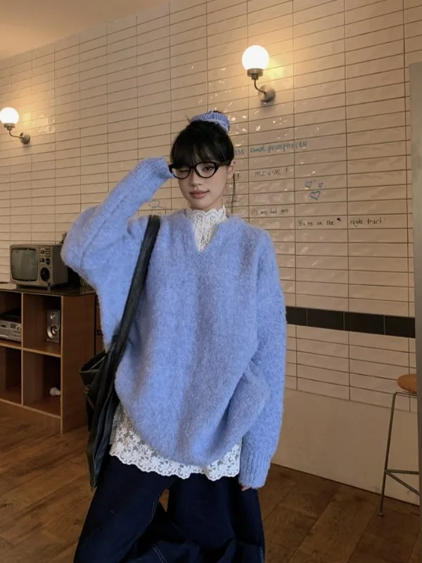 

plus Size Women's Soft Blue V-Ne Knitwear Loose Fit Autumn Winter New Sle Slimming Versatile Long Sve Top
