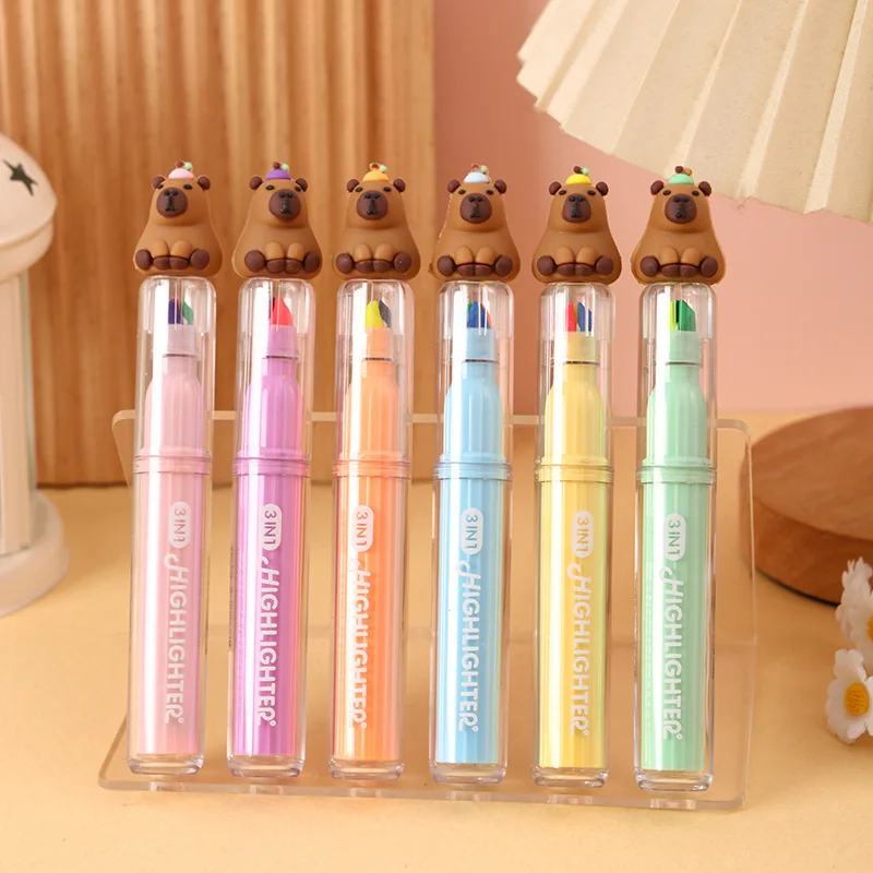 

6pcs Kawaii Capybara Highlighters 3-In1 Capibala Multi-Color Marker Pens Creative 3d Animal Stationery Gift Students School