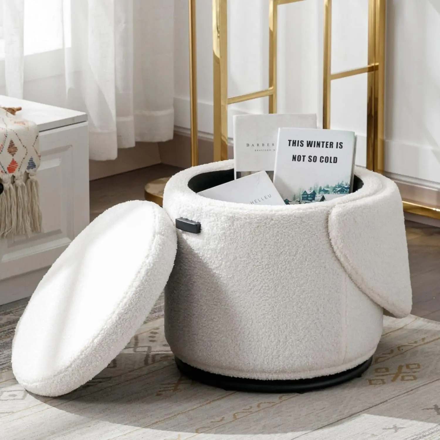 Boucle Ottoman Storage Round Stool Swivel Vanity Chair Foldable Back Makeup Stool Bedroom Living Room White, Customized
