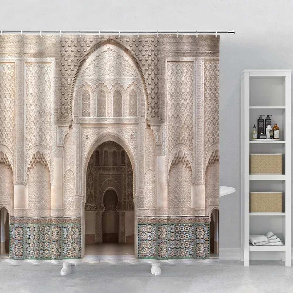 3D Morocco Arches Shower Curtain Retro Traditional Architecture Stone Door Print Bathroom Decor Bath Curtain Set Fabric Hooks