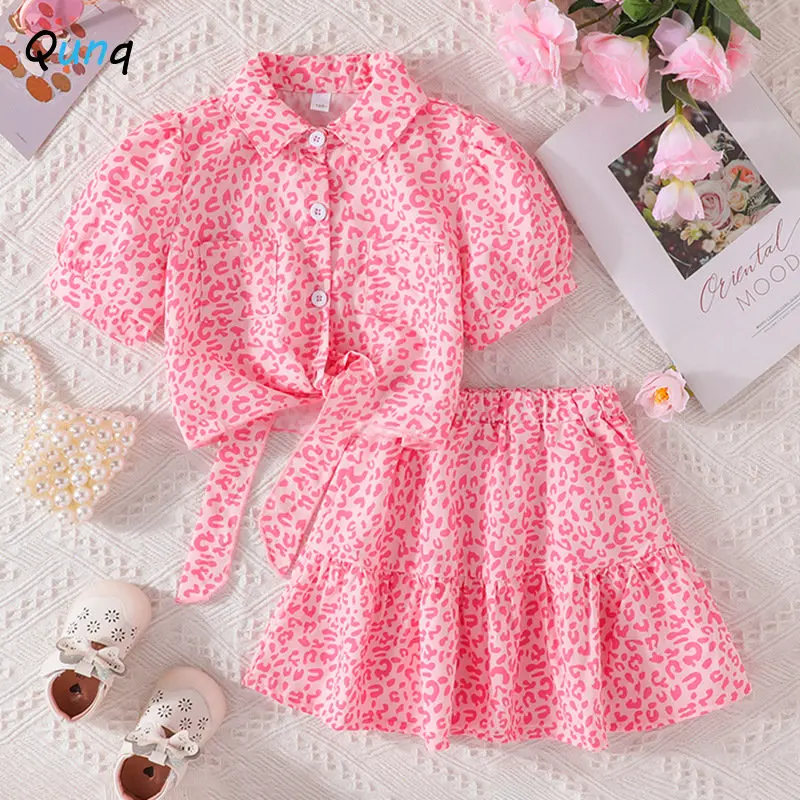 

2023 Qunq Summer Girls Turn Down Collar Single Breasted Leopard Shirt Bind Top+Skirt 2 Pieces Set Casual Kids Clothes Age 3T-8T