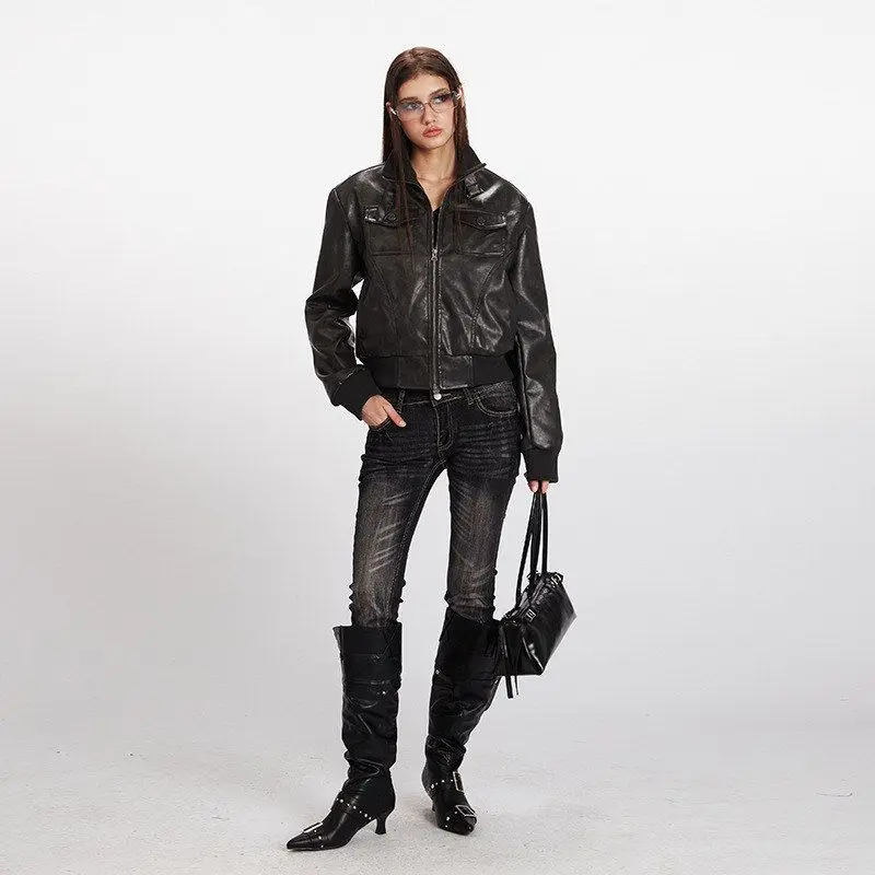 HeyHenry2025 Versátil ort PU Couro Jaet American Sle Outono Inverno Feminino Jaet Gola Retro oulder Comprimento