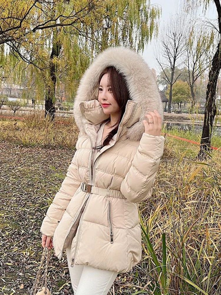 

Mid-Length down Jaet 2025 New Sle White Du Feather Women's Coat with Fur Collar Waist-Cinching Hooded Coat