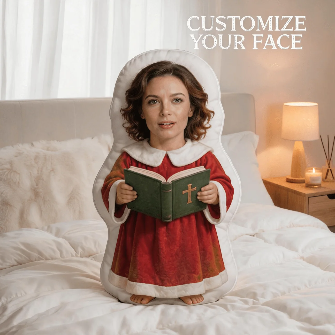 Custom Photo Shaped Pillow, Personalized Portrait in Red Robe Holding Book Decorative Cushion, Unique Home Decor Accent for Sofa