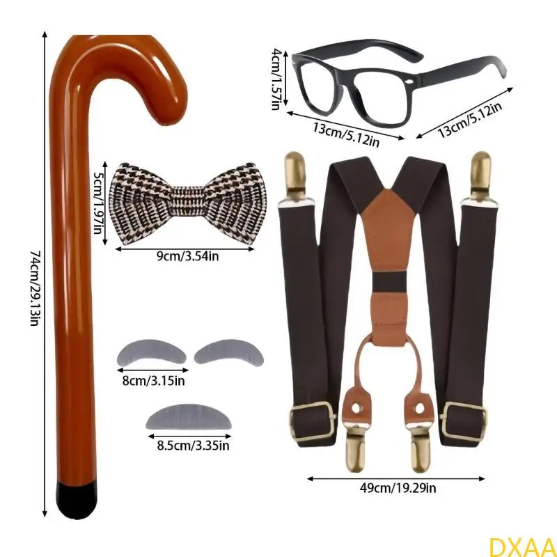 

DXAA Halloween Grandpa Costume with Beard Eyebrows Bowtie Glasses Suspenders Toy Cane
