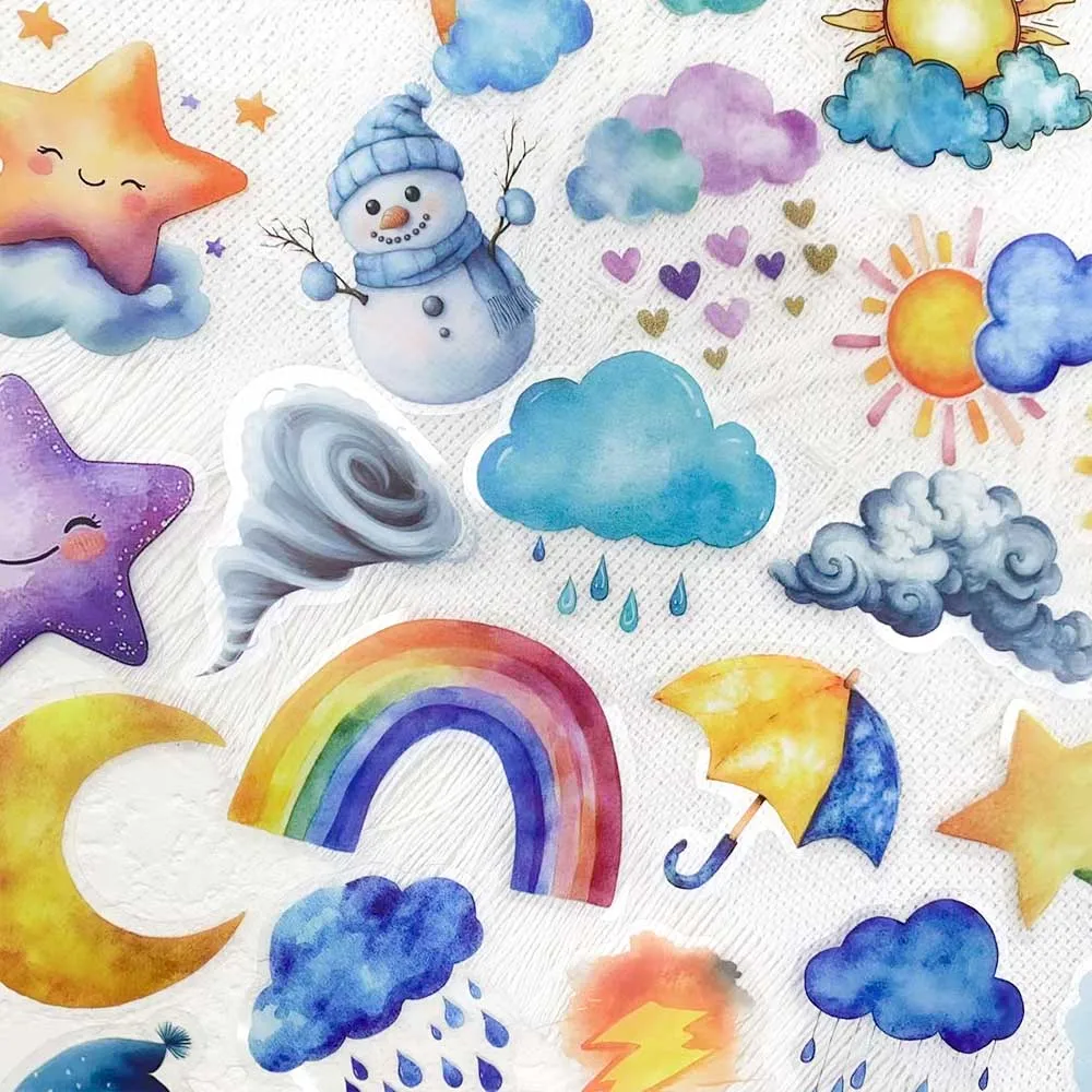 

50pcs Watercolor Weather Rainbow PET Stickers Decals For Laptop Notebook Suitcase DIY Aesthetic Transparent Stickers
