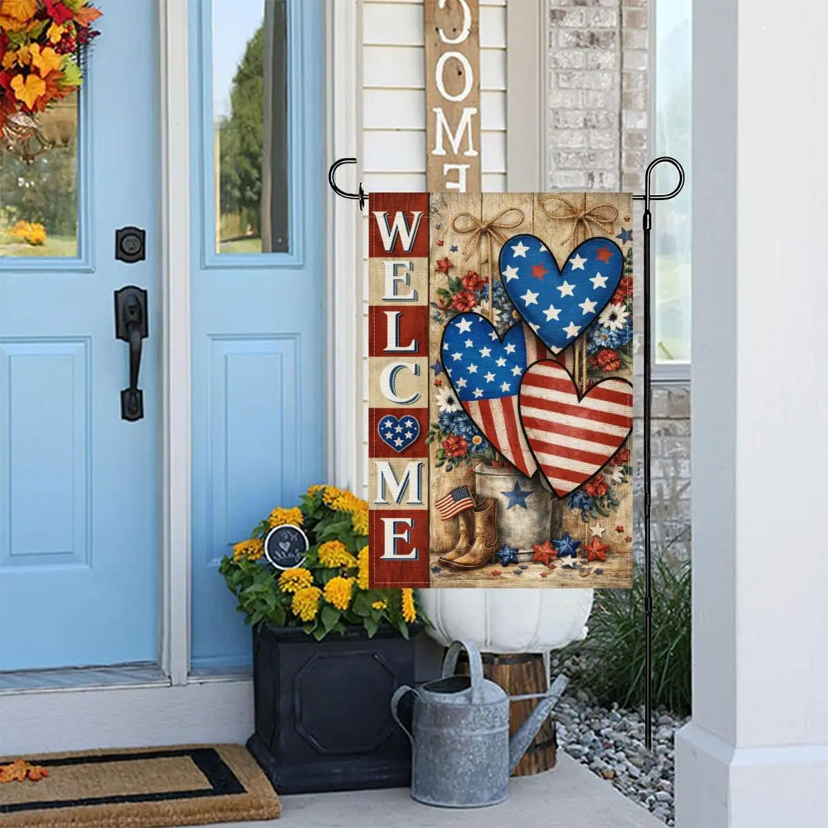 Welcome Patriotic Heart Cowboy Boot Garden Flag 12x18 Inch Double Sided Burlap, Rustic Western Farmhouse 4th of July Outdoor yyi