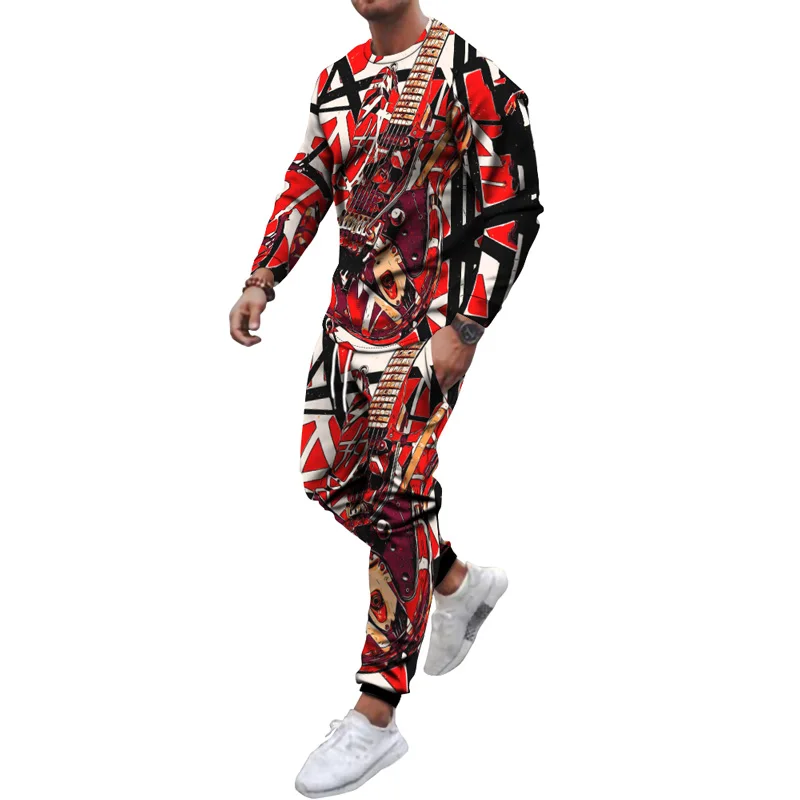 Fashion Color Graffiti 3D Print Men\'s Sportswear Set Long-Sleeved T Shirt Pants 2-Piece Set Oversized Pullover Men Clothing