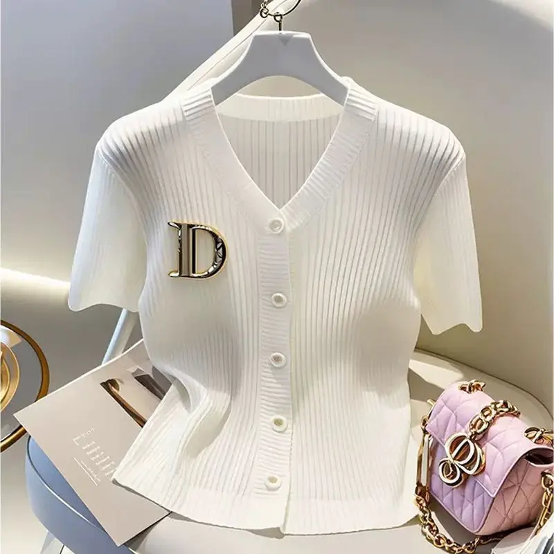 Summer Ice Silk Knitted Sweater with High-end French Temperament White Short Sleeved Knitted Top Short Cardigan
