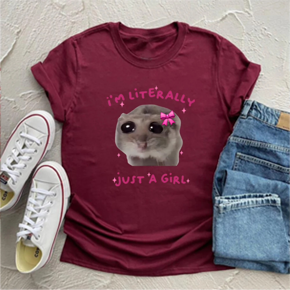 I'm Literally Just A Girl Sad Hamster Meme Shirt Cute Sad Hamster Shirts Animal Lover Tee Trendy Summer Short Sleeved Shirts