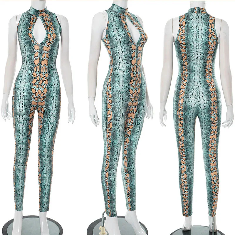 섹시한 홀로우 아웃 스네이크스킨 프린트 파티 점프수트 여성용 봄 가을 민소매 터틀넥 슬림 클럽웨어 바디콘 롬퍼 캣수트