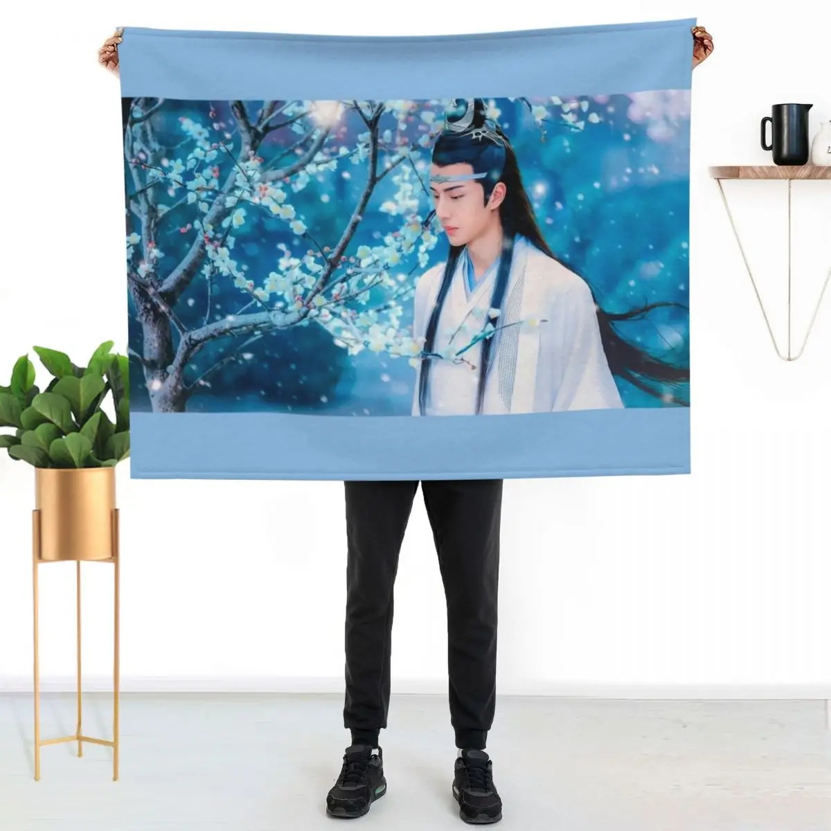 Lan Wangji blue sakura art Throw Blanket cosplay anime Hairys wednesday Polar Soft Beds Cute Blankets