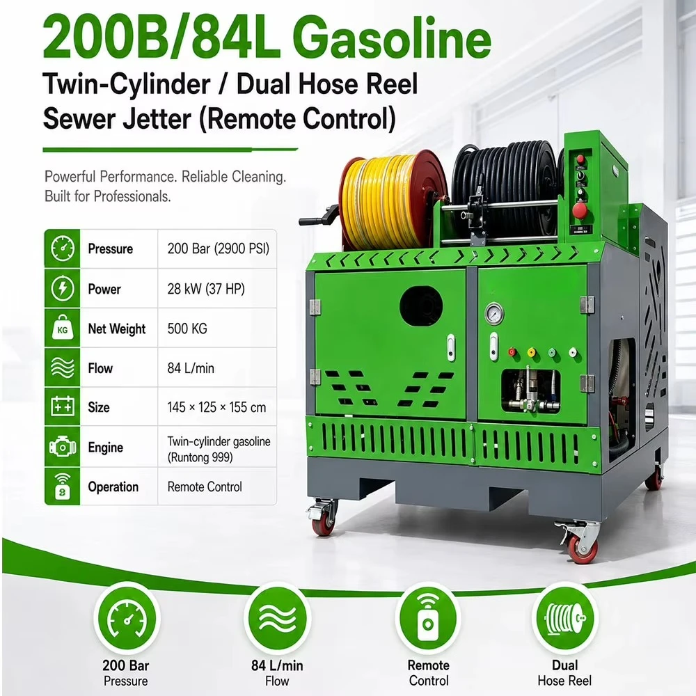 Dual Reel Sewer Cleaning Equipment 84L/min Reel Sewer Jetter Jetter Sewer Machines for Pipeline Flushing