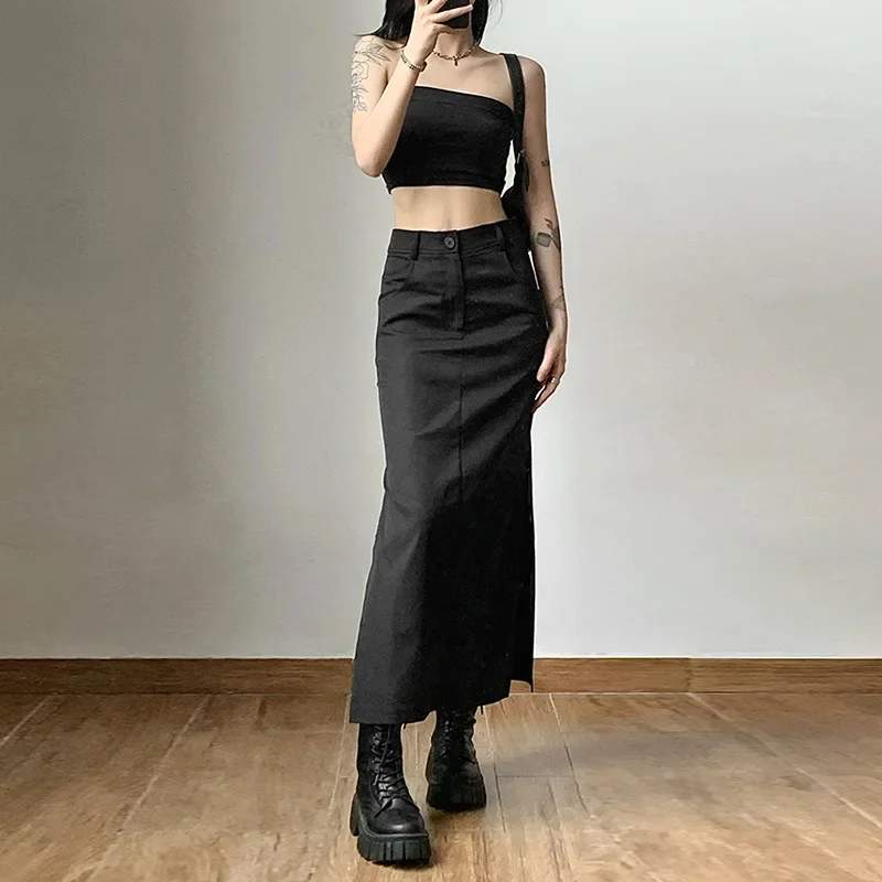 Women Midi Skirts Goth Dark Grunge Casual Tag Split Mall Gothic Punk High Raise Slim Long Skirt Y2k Sexy Fashion Streetwear