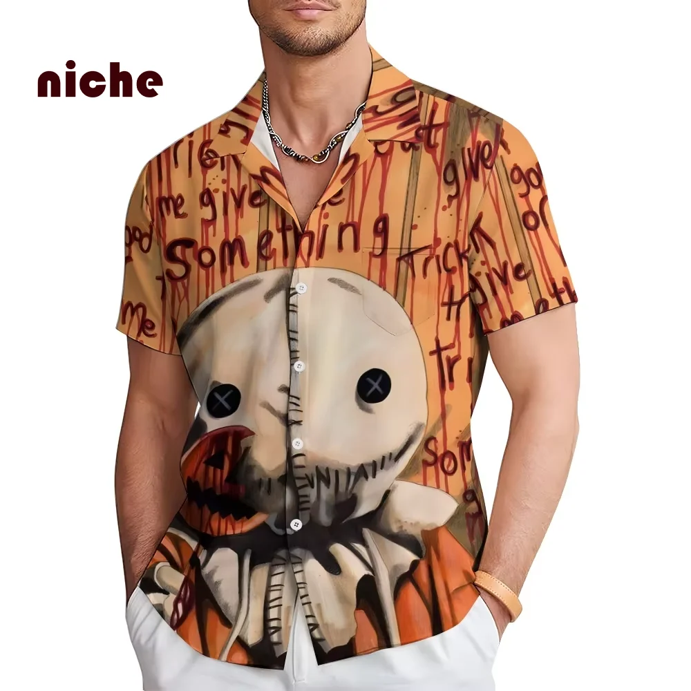 Casual Loose Men's Shirt Fashion Trend Polo Collar Cartoon Contrasting Color Letter Print Halloween Style Designer New