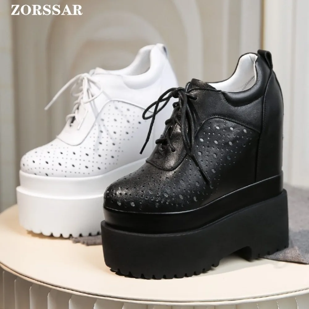 16cm Genuine Leather Platform Hidden Wedge Pumps Chunky Sneaker White Casual Shoes Comfortable Breathable Spring Autumn Shoes