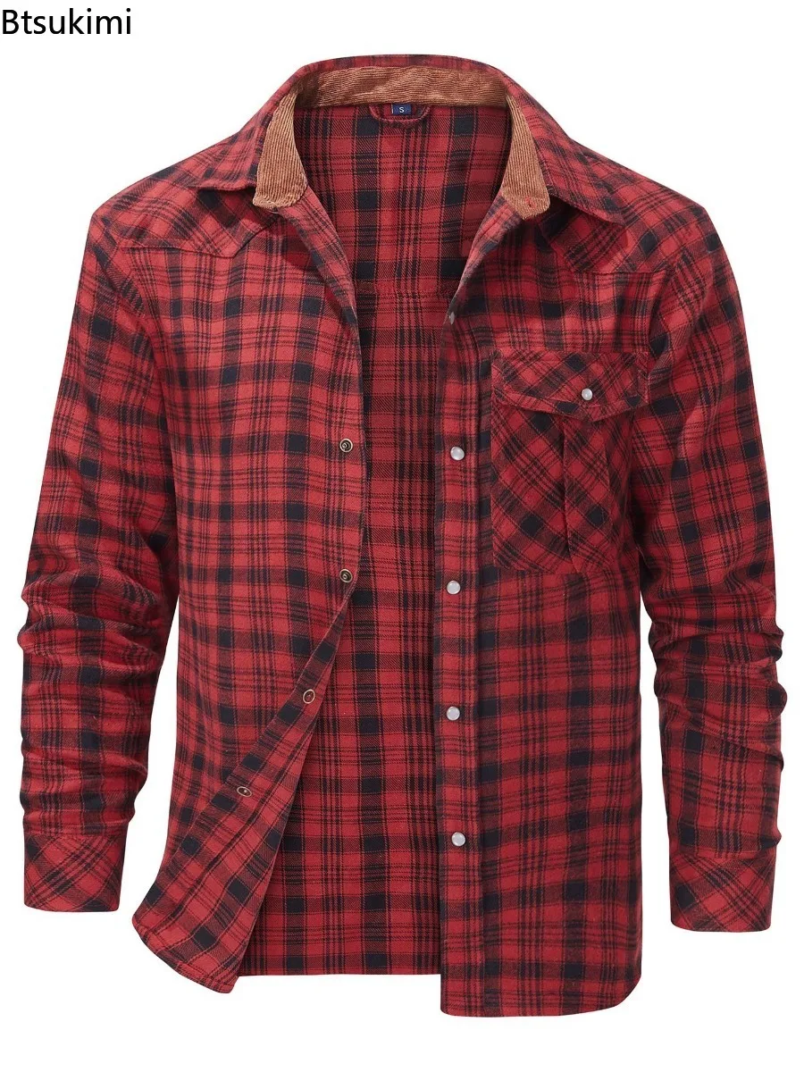 

Men's Jackets Spring Flannel Long Sleeve Plaid Checkered Brushed Casual Western Cowboy Pearl Snap Shirts Male Popular Clothes