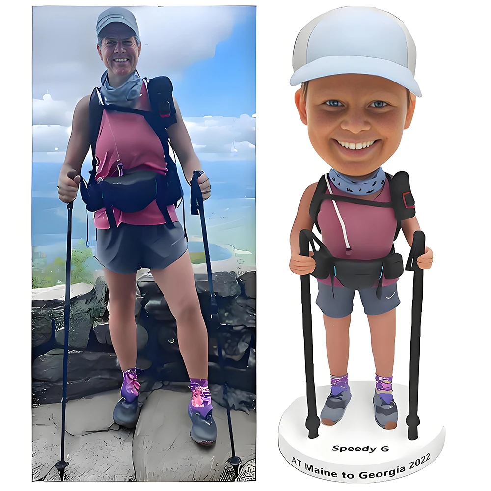 Custom Hiking Bobblehead, Personalized Hiker Sports Figure with Trekking Poles, Handmade Lady Sculpture Home Decoration