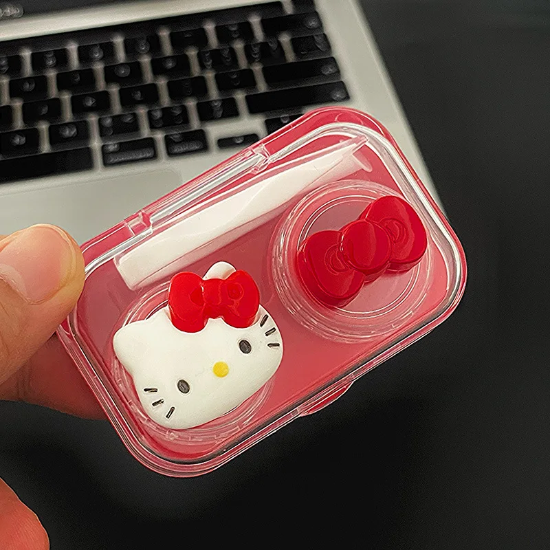 New Sanrio Hello Kitty Contact Lens Case Transparent Red Cartoon Kawaii Portable Nearsighted Contact Lens Case Girl Travel Gifts