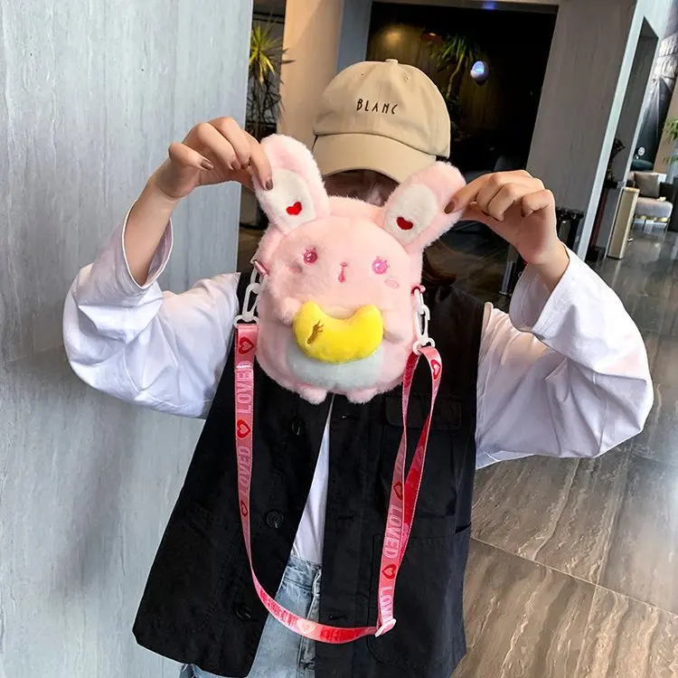 2024 New Cartoon Cute Soft Girl Crossbody Bag Autumn/Winter Hairy Shoulder Bag Girl Plush Rabbit Backpacks