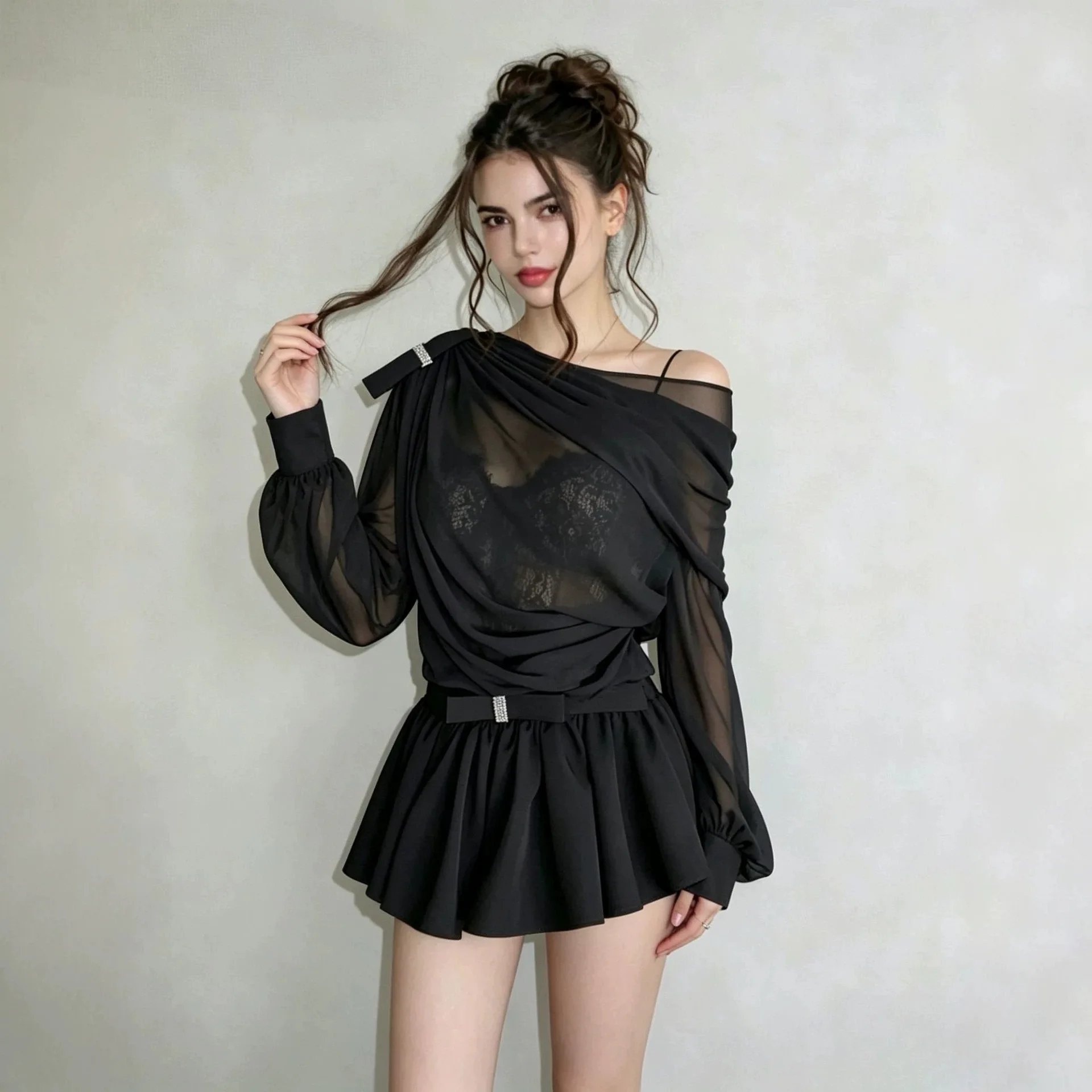 Fashionable Off Shoulder Sheer Chiffon 2Pcs Long Sleeve Draped Top And High Waist Short Skirt Spring High Street Leisure Set