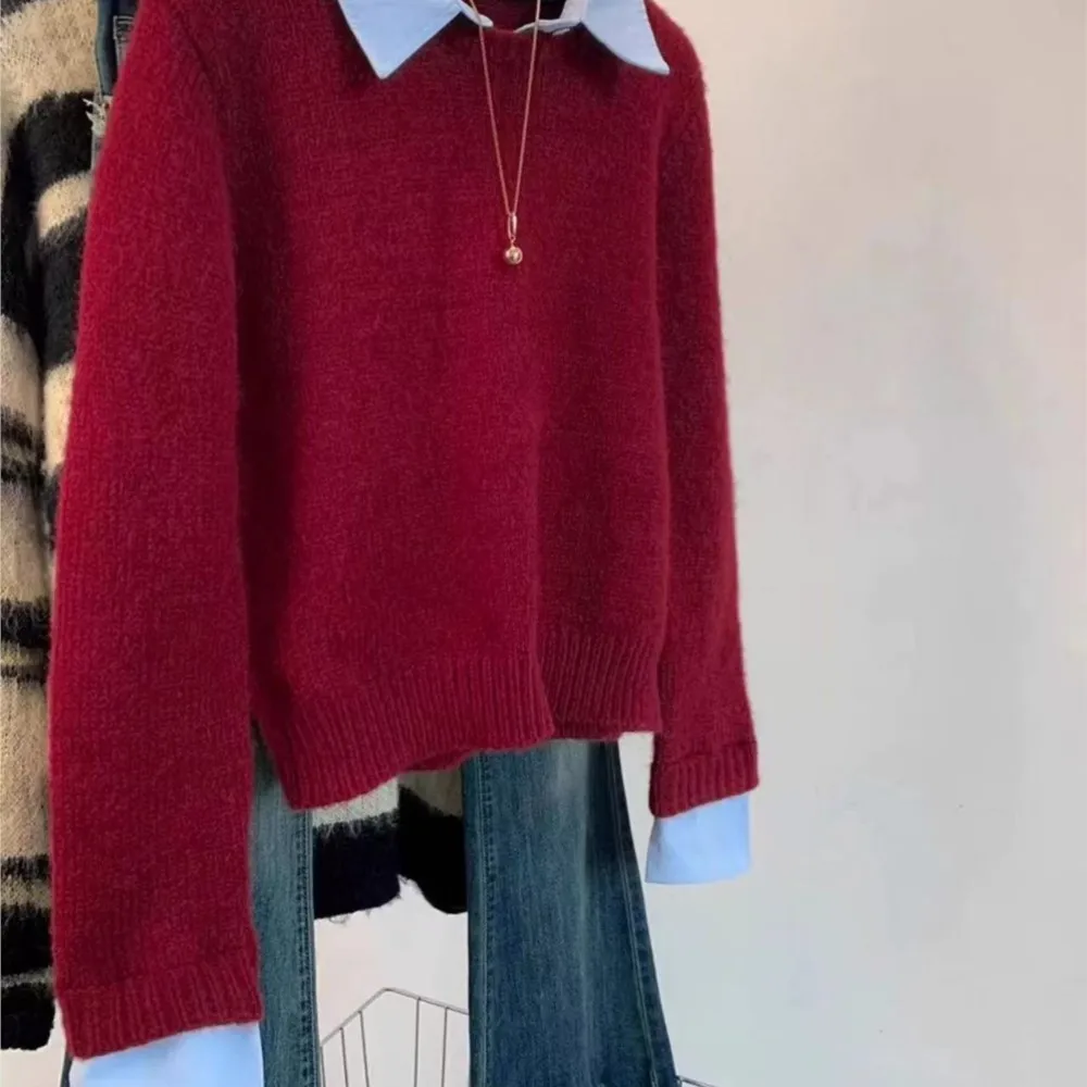 

Поддельный свитер из двух частей для женщин, осень-зима, новый стиль, серый свитер с внутренними лацканами и длинными рукавами, топ Свитер Женский Ropa De Mujer