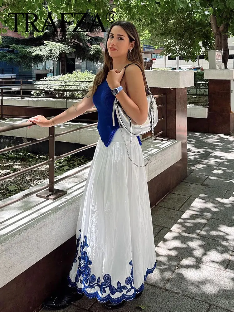 TRAFZA Trendy Blue Floral Embroidery Skirt For Women 2024 Summer A-Line Elastic Waist Drape Fashion Elegant Midi Pleated Skirts