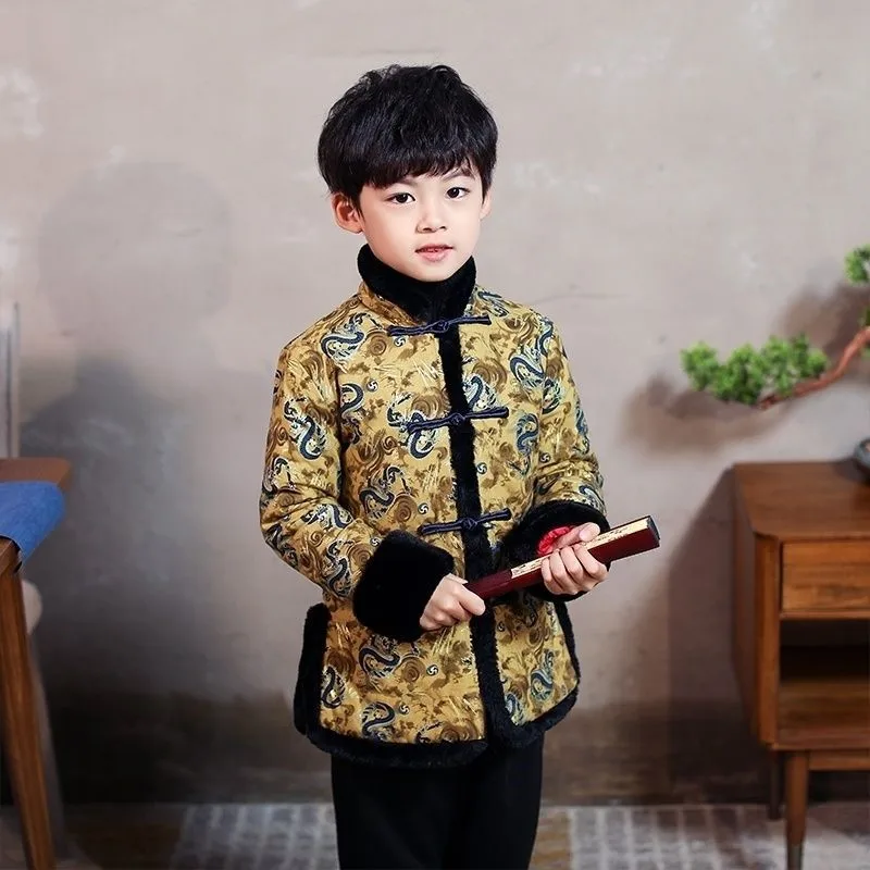 

2026 Children's New Year Hanfu Tang Clothing Set Boys' Red Long Sleeve Clothing Set Kids' Winter Top Pants 2-Piece Set LJ060