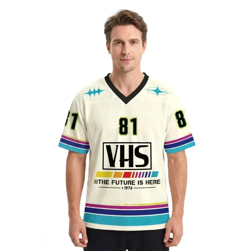 American Retro VHS 81 Jersey Steam Wave Color Striped Breathable V-neck Sports Short Sleeved T-shirt