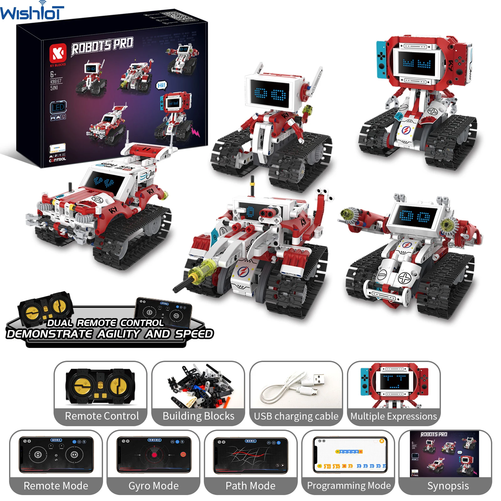 5-IN-1 Remote Control Programmable Robot Kit With LED Screen Expression Switch Building Blocks STEAM Education Toys Kids Gift