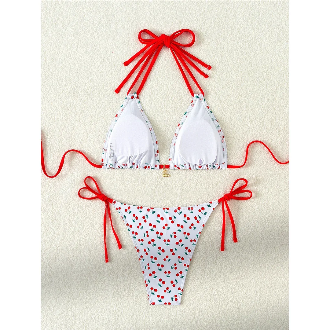 Cherry Gedrukt Halter Hoge Been Cut Bikini Vrouwen Badmode Vrouwelijke Badpak Tweedelige Bikini set Bader Badpak Zwemmen V5872
