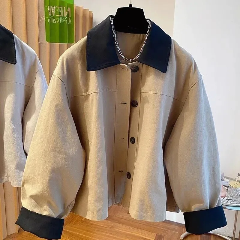 

Female Fashion Lapel Patchwork Workwear Outwear Spring Autumn Ladies Long Sleeves Korean Women Casual Color Blocking Coat