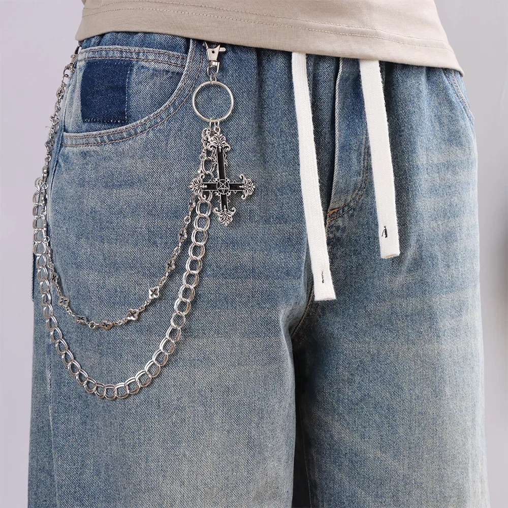Punk Rockdouble-deckerMetal Cross Pants Waist Chain Men Women Key Chain Big Ring Wallet Keychain Jeans Unisex Hip-hop Gift