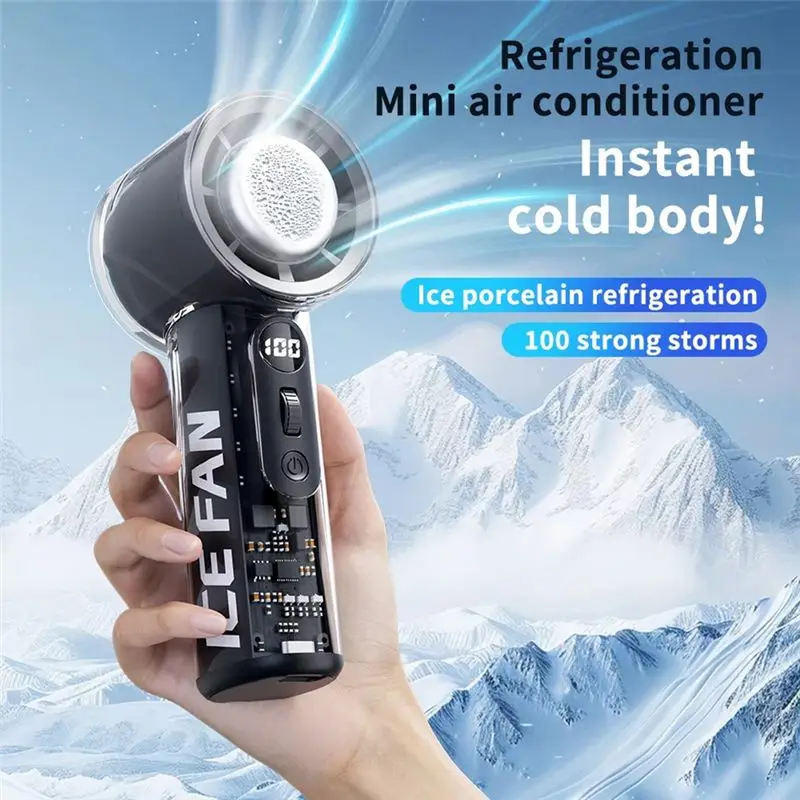 ABGP-LED Digital Display Ice Cooling Fan Handheld Portable 100 Speed 3000Mah Mini Air Conditioner For Outdoor/Office Travel Whit