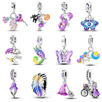 100% 925 Sterling Silver Purple Color Series Chameleon Butterfly Balloon Charms Beads Fit Qikaola Original Bracelets DIY Jewelry