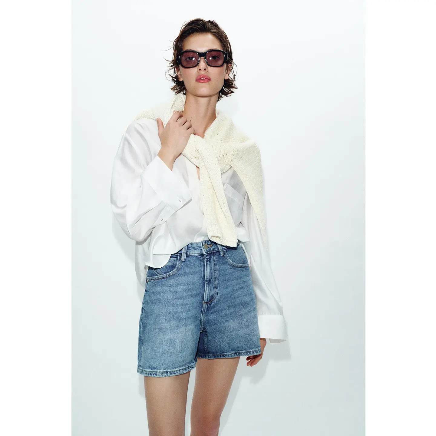 Summer New Women's Comfortable High Waist Loose Wide Leg A-Line Denim Shorts Commuter Style Straight Cut Polyester Fiber