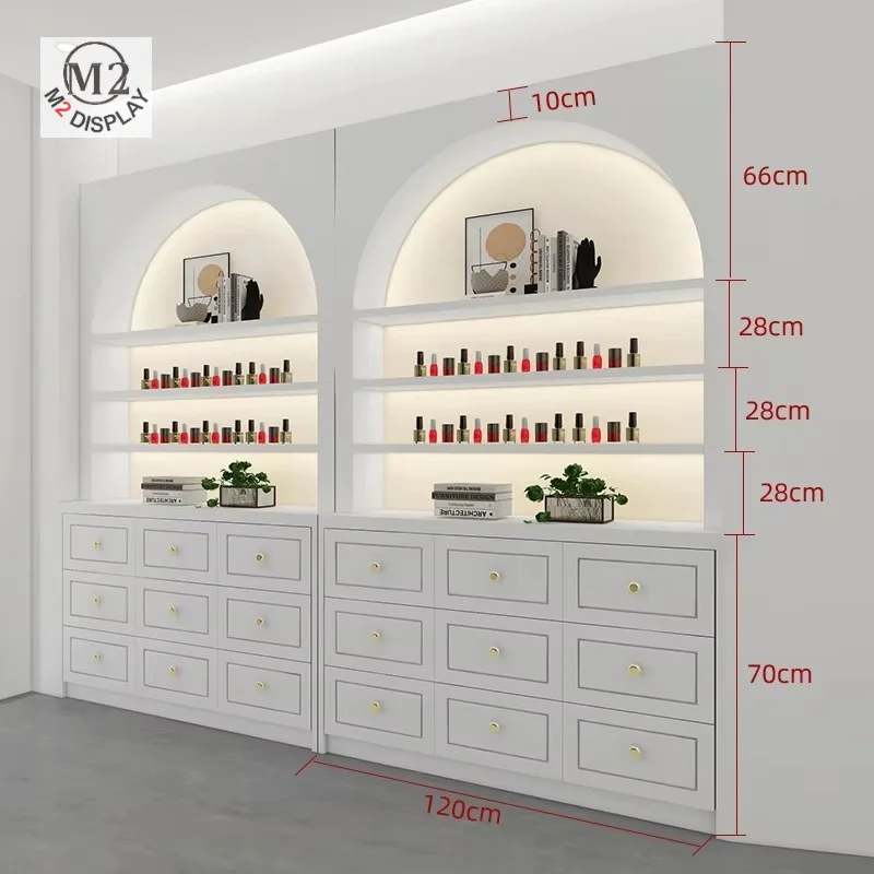M2 Nail Spa Modern White Nail Shop Design Perfume Shop Design Salon Counter LED Nail Polish Display Cabinet With Storage
