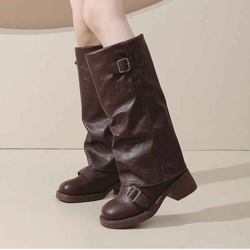 Vintage Starke Ferse Frauen Kniehohe Stiefel Mode Damen Gürtel Schnalle Ritter Lange Booties Botas De Inverno Feminina – Detail 8