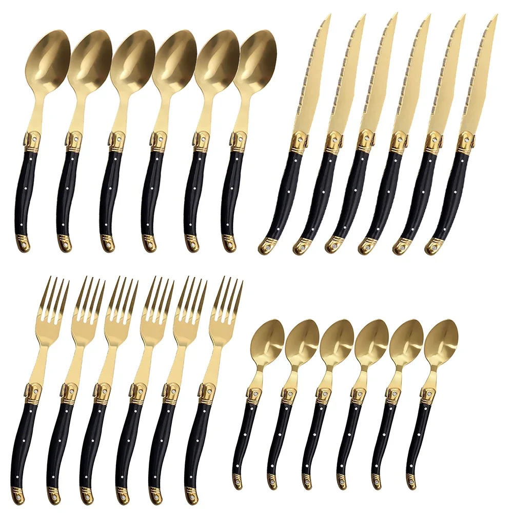 Jaswehome 24Pc Laguiole Luxury Silverware Gold Sharp Blade Wedding Dinnerware Stainless Steel Steak Knives Forks Spoons Utensils