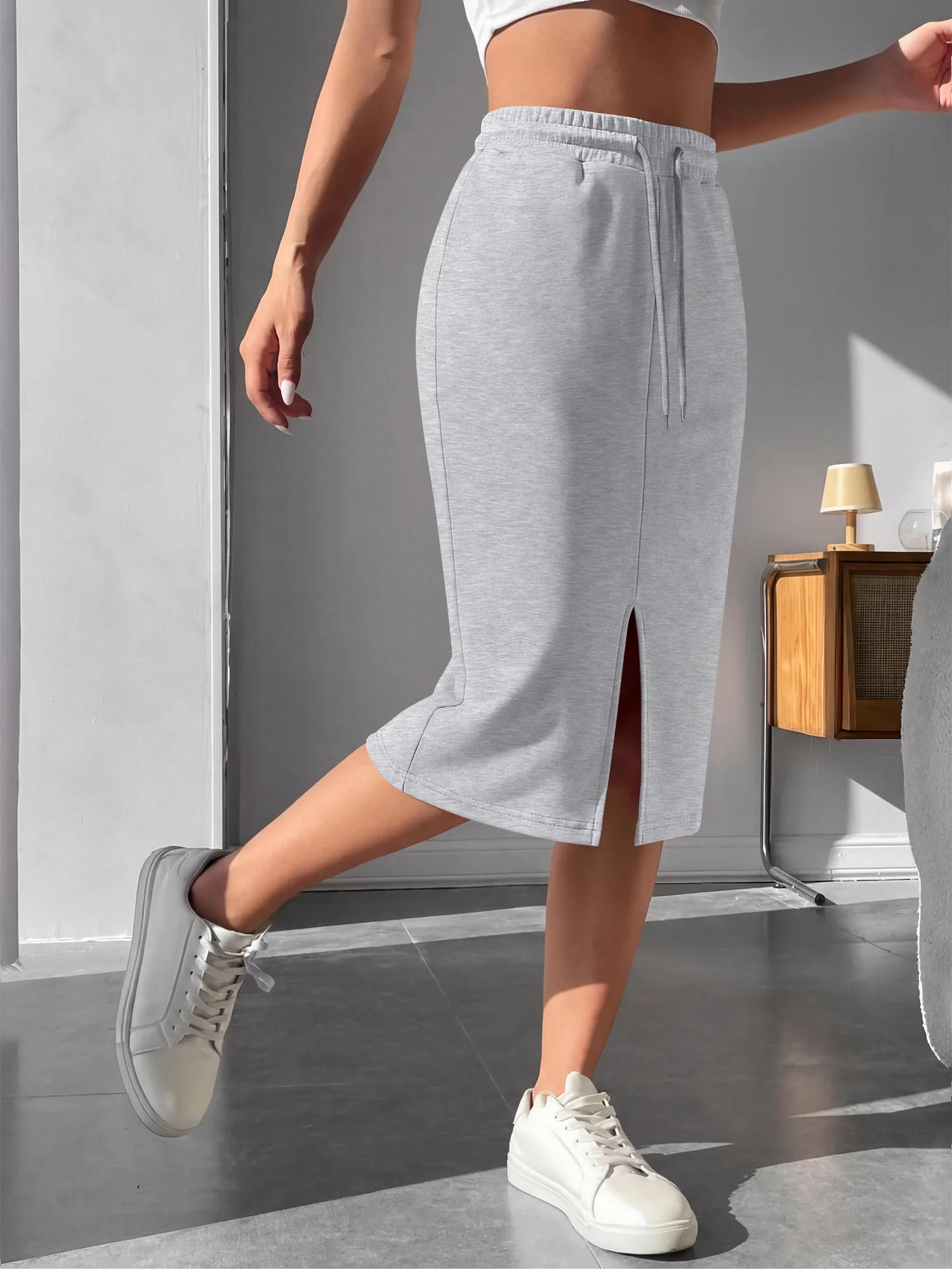 

Women's Solid Color Sweatshirt Fabric Midi Skirt, Drawstring Waist Split Hem Casual Streetwear Skirt