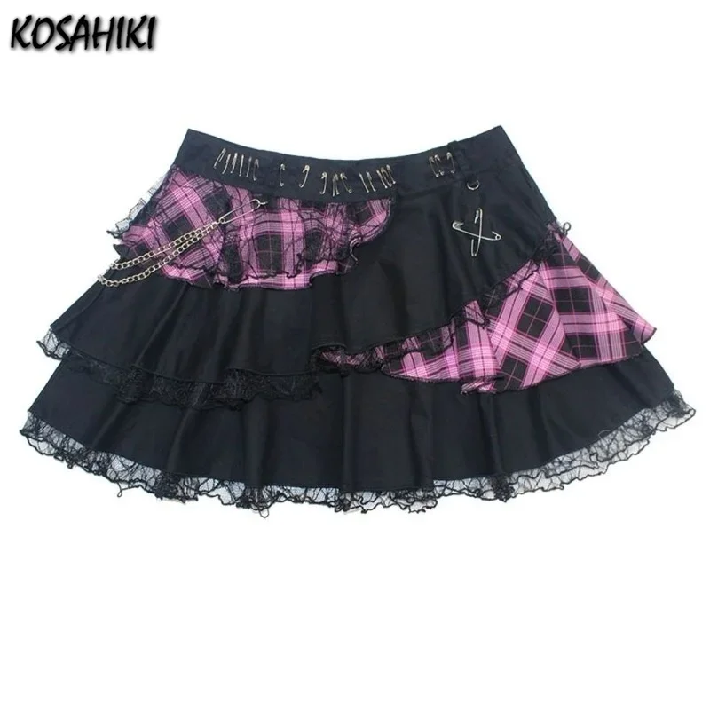 KOSAHIKI Harajuku Girls Plaid Lace Chain Rock Punk Skirts Women Gothic Lolita High Waist Cake Mini  Y2K Streetwear Jupe