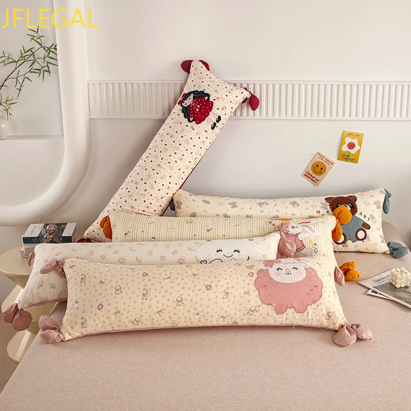 Cartoon Long Body Pillow 100% Cotton Double Gauze Tassel Decor Cute Pattern Sleeping Cushion Bed Side Throw Pillow Home Decor