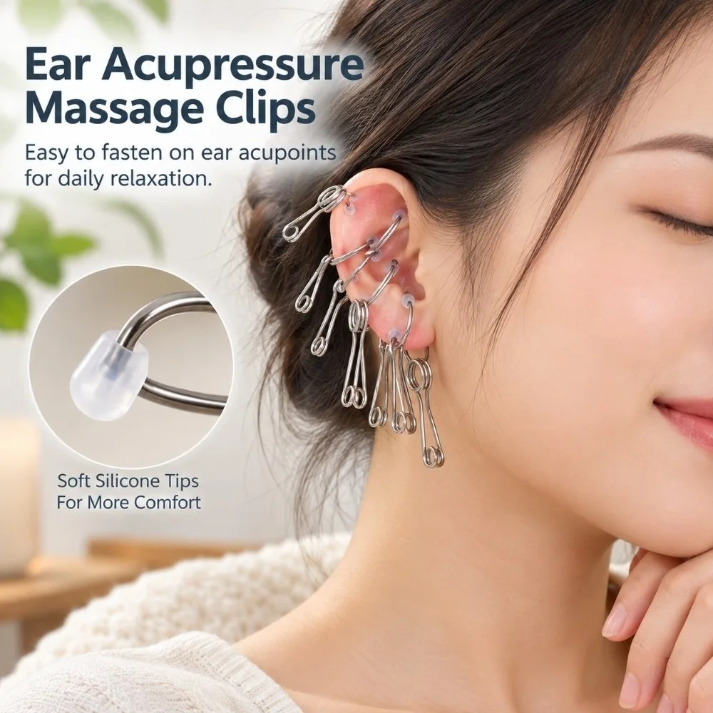 10Pcs Metal Ear Acupressure Clips Silver Tone Loop On Design Ear Therapy Spring Clips Silicone Tip Reusable