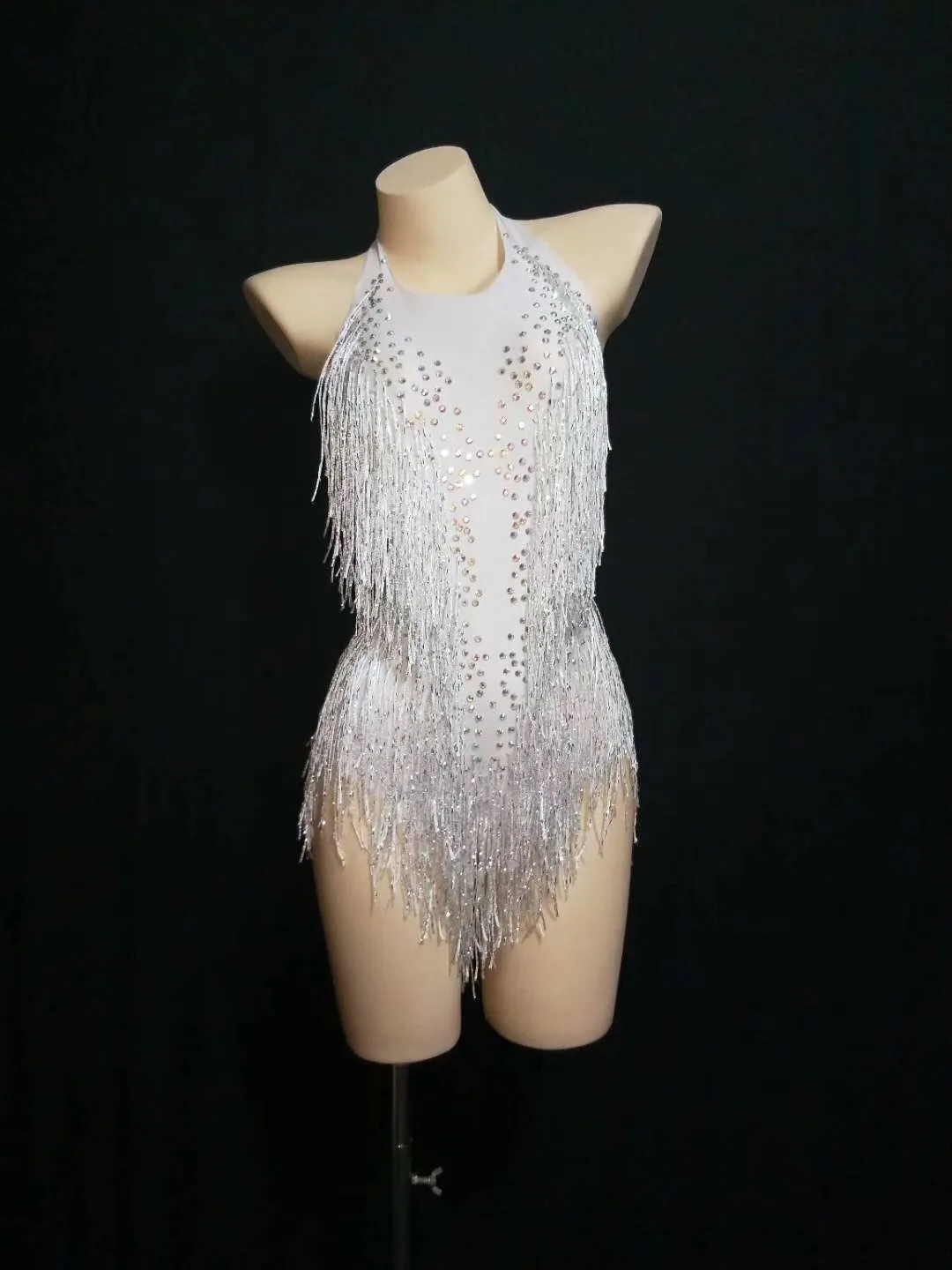 Latin Women Bodysuit Singer White Sparkly Rhinestone Tassel Leotard Nightclub Jumpsuit Dance DS Show Stage Wear Stretch Outfit