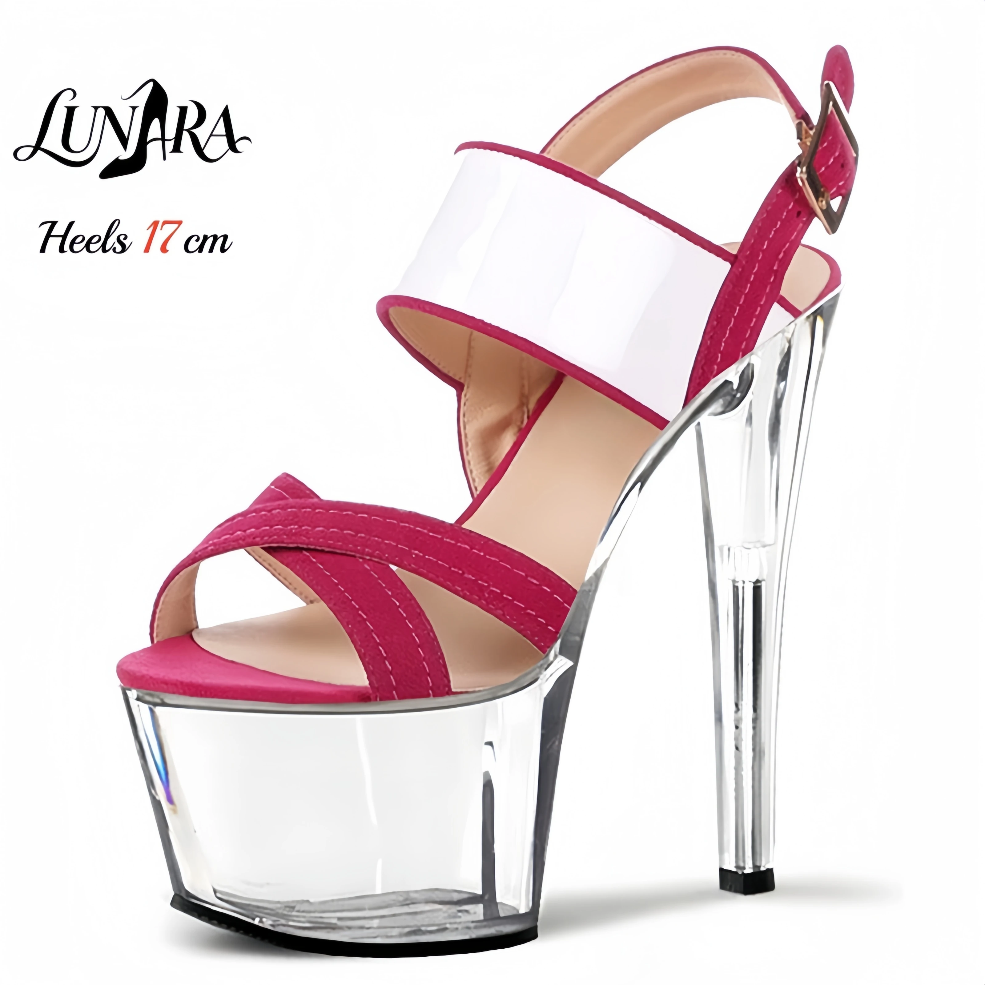 17cm/7Inch Clear Platform Stiletto Sandals Pink Suede Cross Straps White Patent Band Adjustable Buckle Shock Absorbing  Women's
