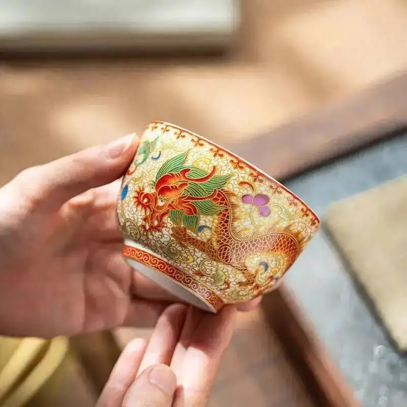 Ceramic Filigree Enamel Master Cup Single Cup Household Tea Bowl Large Tasting Cup Dragon and Phoenix Pair Cup Business Festival