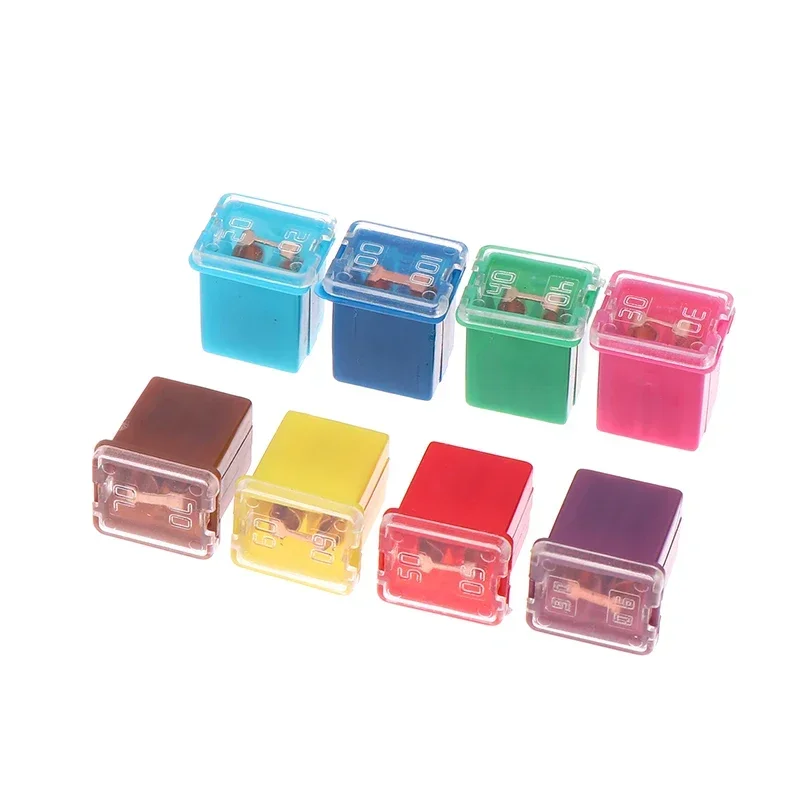 

Durable 5pcs Mini Square Automotive Fuses 20A-90A Set, Comes with Plastic Storage Box.