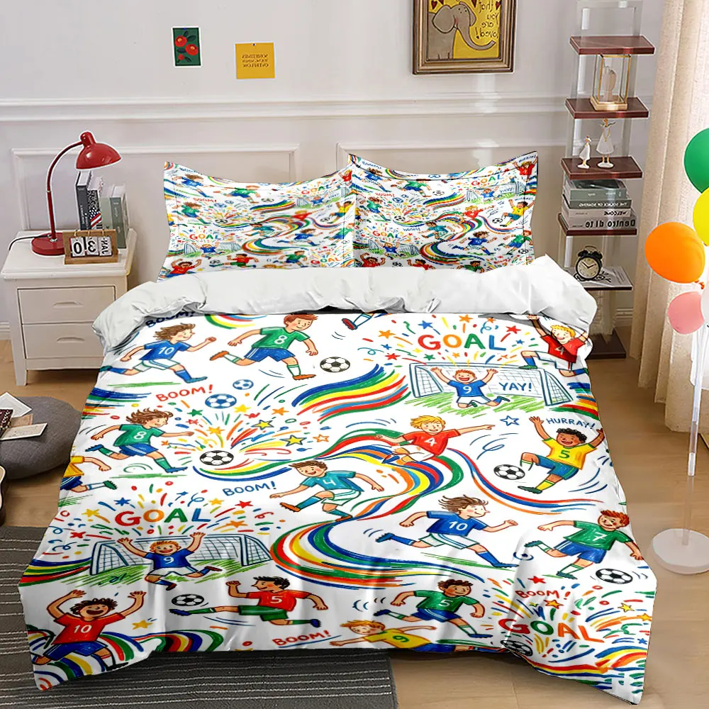 Kids All Over Print Cartoon Soccer Player Rainbow GOAL Bedding Set 3pcs, Full Pattern Football Boys Duvet Cover Soft Microfiber