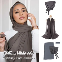 HIjab Set With Matching Undercap Muslim Fashion Women Veil Chiffon Hijab Scarves Headwraps Ladies Islam Clothing Inner Cap